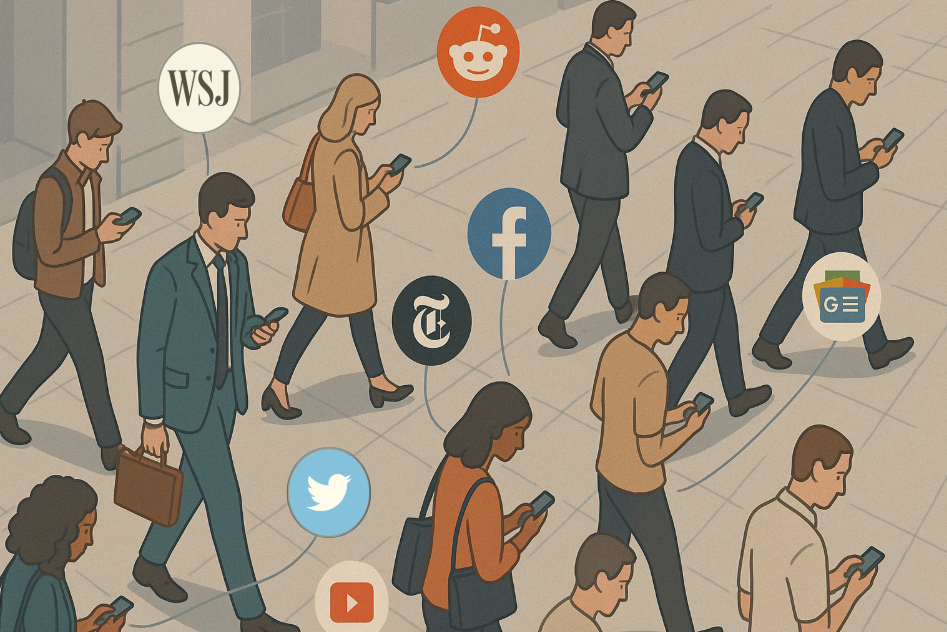 Illustration of people walking and consuming news and social media on their phones, with logos from WSJ, NYT, Reddit, Facebook, Twitter, YouTube, and Google News